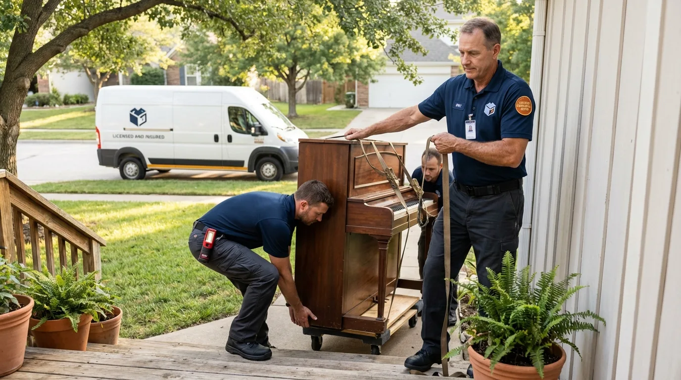 Licensed piano movers securing grand piano in Bagley, MN