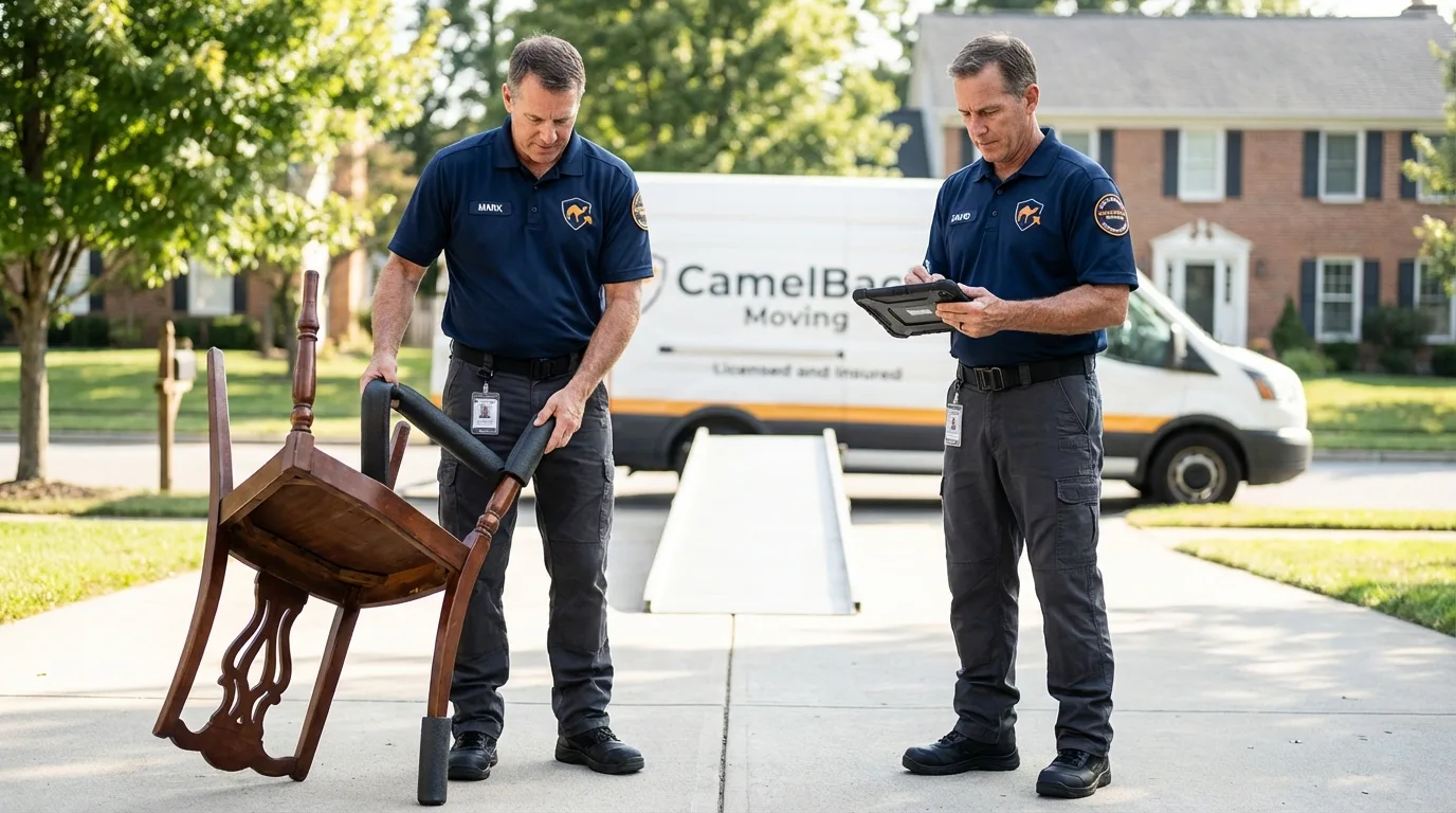 Movers inspecting furniture for damage prevention before loading in Bagley, MN