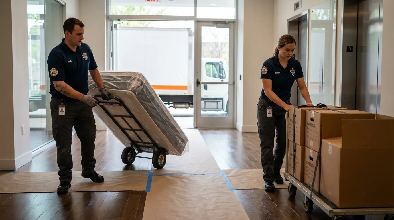 Professional apartment movers loading elevator in Bagley, MN